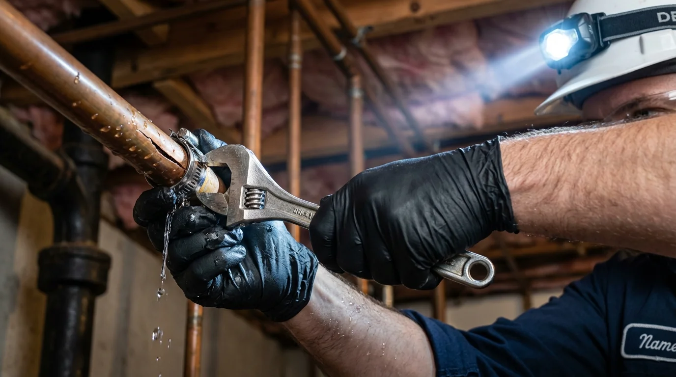 Emergency pipe clamp repair being performed by a Johns Plumbing LLC plumber in Walnut