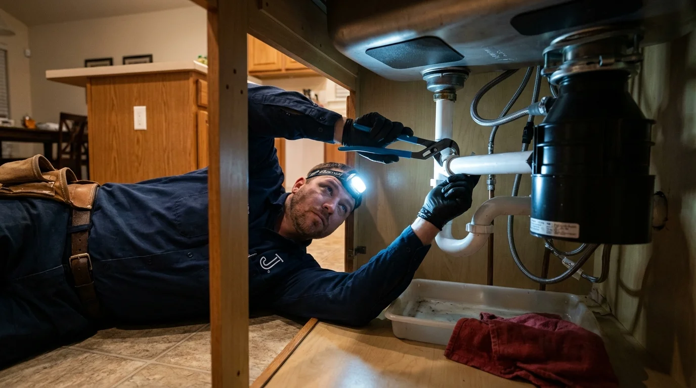 P-trap and supply line connections under a kitchen sink showing a common leak point in Walnut, IL